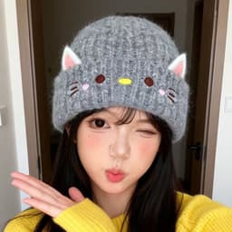 Mũ dệt kim nữ phong cách mới với họa tiết mèo hoạt hình dễ thương, ấm áp chống lạnh mùa thu đông, thời trang dễ dàng phù hợp, thoải mái thông thường, có bịt tai chống gió. 4