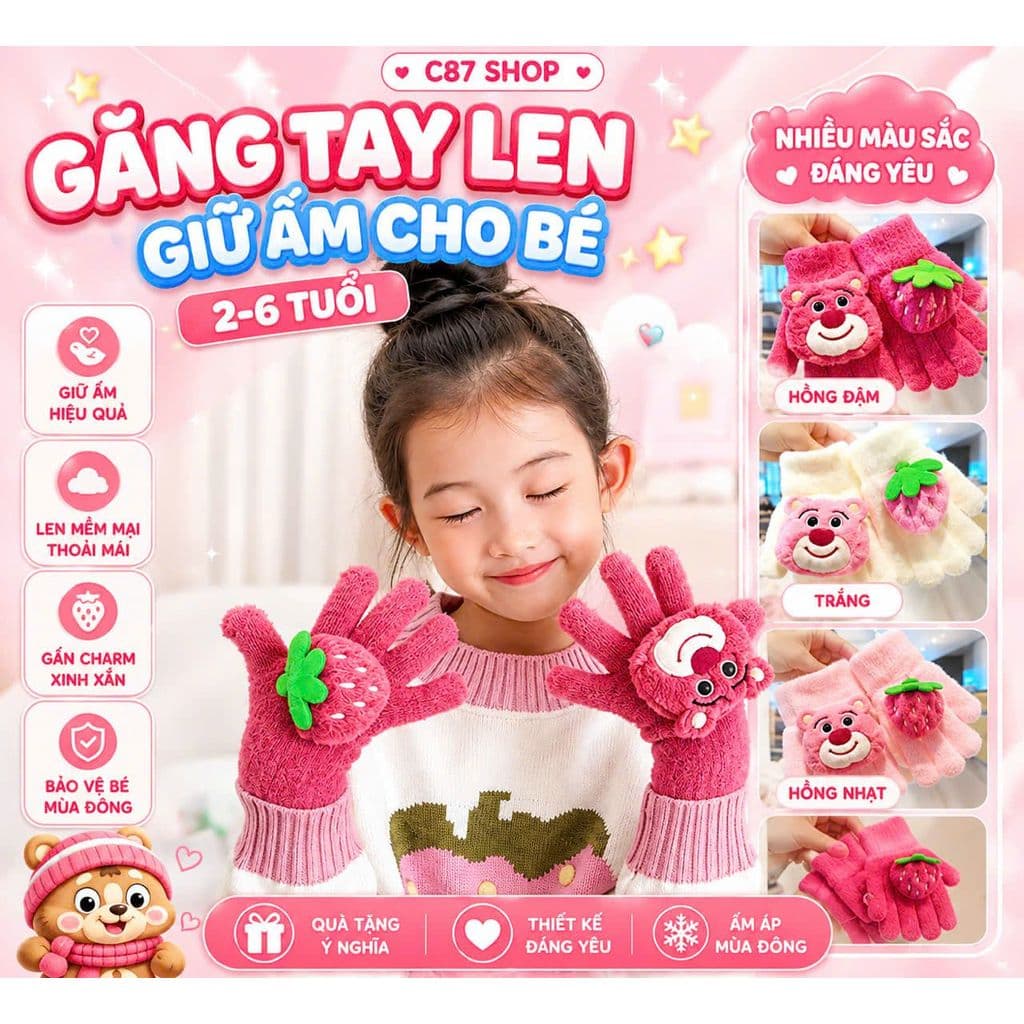 Găng Tay Len Cho Bé 2-6 Tuổi Họa Tiết Gấu Dâu Cute – Găng Tay Giữ Ấm Mùa Đông Cho Bé. C87 SHOP