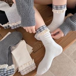 🧦 SET 3 ĐÔI TẤT VỚ NỮ CỔ CAO PHỐI REN CARO VINTAGE 4