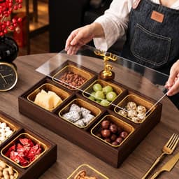 Khay mứt, khay đựng bánh kẹo tết 4 Ngăn 6 Ngăn, Hộp Mứt Tết 2027 Gỗ Melamine Vân Óc Chó, Hũ Nhựa Viền Vàng Đẹp Sang 4