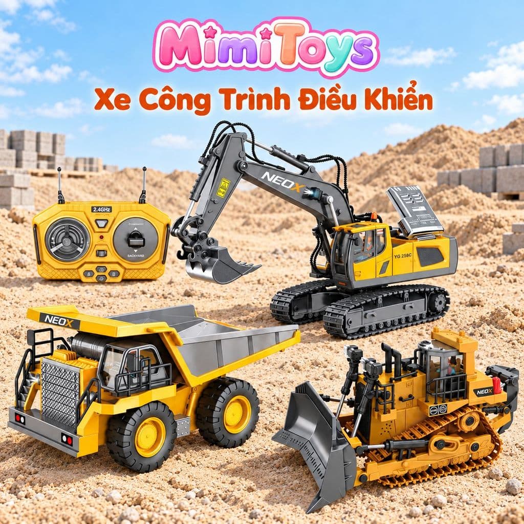 Xe Công Trình Điều Khiển Từ Xa MimiToys - Xe Cuốc, Máy Xúc, Xe Ben, Xe Ủi, Xúc Lật 6/9/11/13 Kênh, Pin Sạc, Gàu Sắt