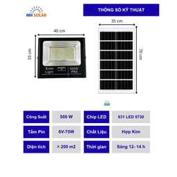 (COMBO 2 BỘ) Đèn PHA LED 500W-Năng Lượng Mặt Trời Nhôm Đúc 831 CHIP LED 5730 Chiếu Sáng 12-14 tiếng Kháng Nước IP69. 2