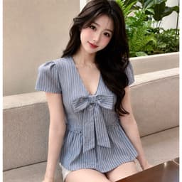 Áo sơ mi dáng babydoll đính nơ to kẻ sọc TM007 2