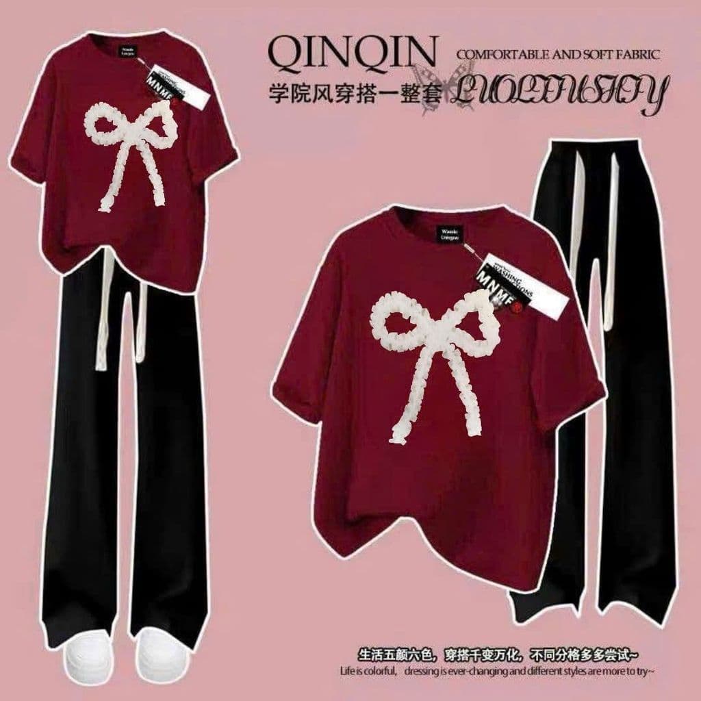 [ MỞ BÁN GIẢM 60% ] sét bộ đồ quần dài dây to đen+ mix áo phông form rộng NƠ DÚM thêu -thu009