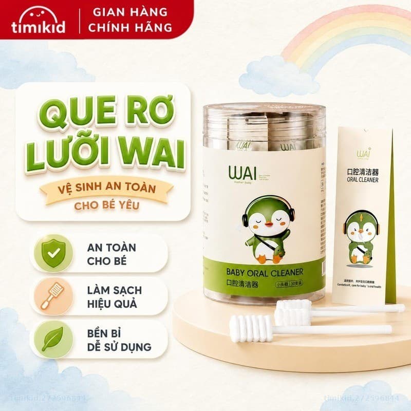 Que Tưa Lưỡi, Rơ Lưỡi Wai Cho Bé Từ 0-2 Tuổi Bông Kháng Khuẩn, Hộp 30 que - Timikid