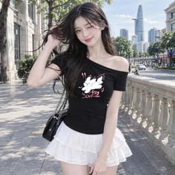 Áo trễ vai ngắn tay thu đông in hoạ tiết tho nhảy  xắn chất vải thun tăm  TD THONHAY 8 43 65 5