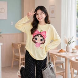 Áo thun giấy cổ tròn dài tay form rộng in hoạ tiết cô gái nơ hồng xinh  TG NTO58 7 6