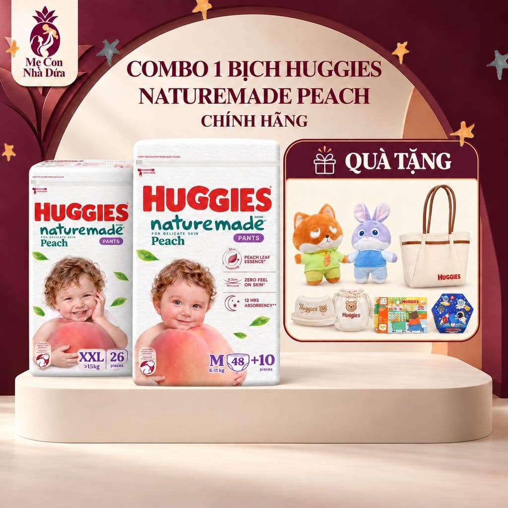 [KÈM QUÀ] Tã quần Huggies Naturemade Peach Chính Hãng M48+10/ L44/ XL38/ XXL26