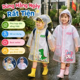 Áo Mưa Trẻ Em Trong Suốt Có Mũ, Chống Thấm Cho Bé Trai Bé Gái, Họa Tiết Khủng Long Thỏ Hồng Dễ Thương (SIZE M-L-XL-XXL) 3