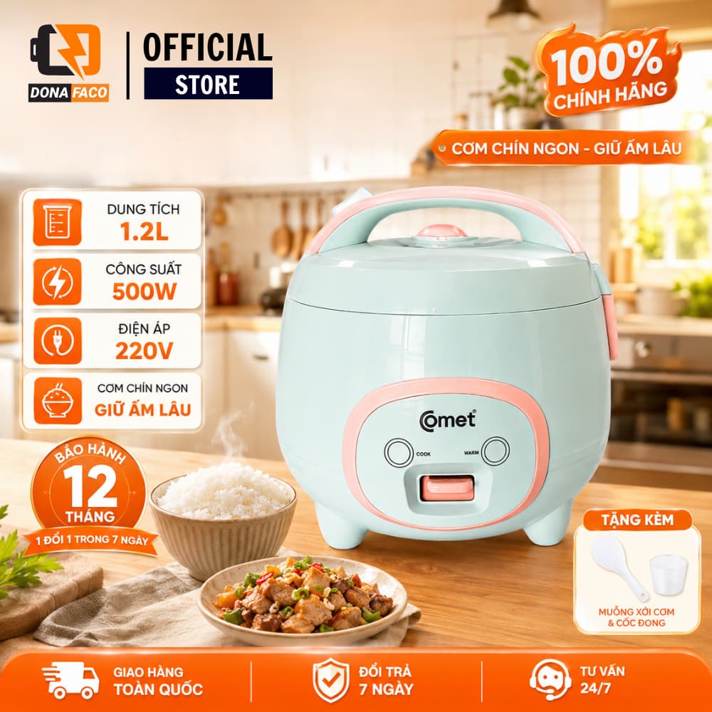 Nồi cơm điện 1,2L nắp gài COMET CM8002, lòng nồi chống dính, dành cho 3-4 người ăn [NEW 2026]