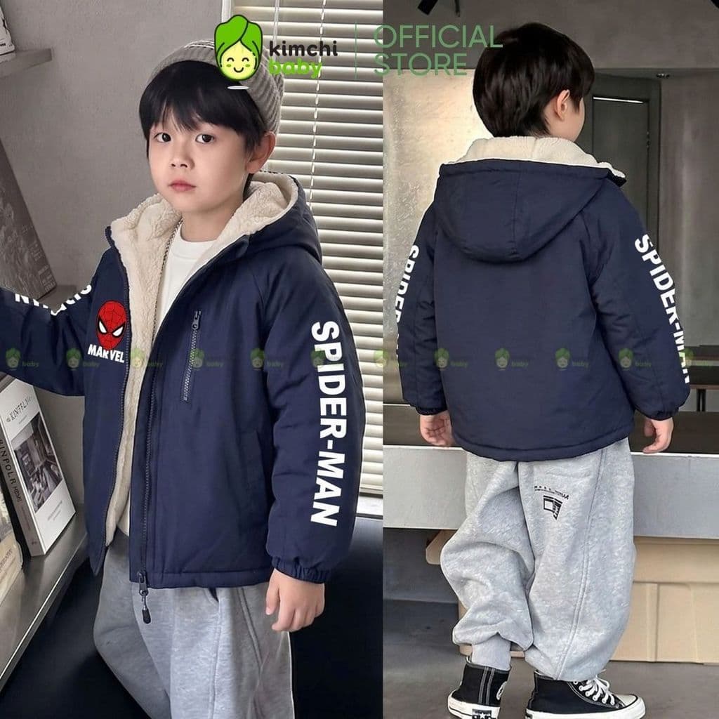 [12-37kg] Áo Khoác Lót Lông Cừu Cho Bé Trai KIMCHIBABY Dày Dặn Giữ Ấm Áo Gió Cản Gió Trượt Nước Họa Tiết Siêu Nhân AK602