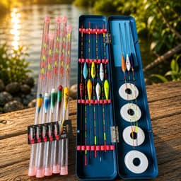 Combo 15 Phao Câu Đài Cao Cấp – 10 Phao Ngày, 5 Phao Đêm Siêu Nhạy, Kèm Hộp Đựng 44cm & Vỉ Pin 1