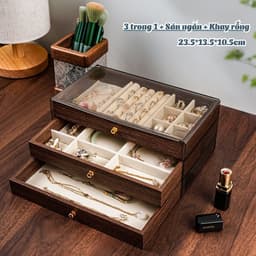 Hộp Đựng Trang Sức Gỗ Lót Nhung Cao Cấp, Khay Đựng Nhẫn, Dây Chuyền, Bông Tai 3 Tầng Ngăn Kéo 6