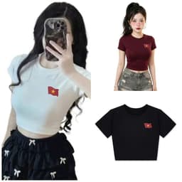 < Free size 28-45KG >Tổng hợp  Áo thun nữ croptop in hình hoạ tiết bozip co giãn hình LOGO CỜ VN. 1