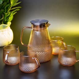 Bộ Bình Cốc Thủy Tinh Chịu Nhiệt Kèm Khay & Giá Úp – Bình 1.5L + 6 Cốc 280ml Có Quai, Bộ Bình Nước Sang Trọng Gia Đình 2