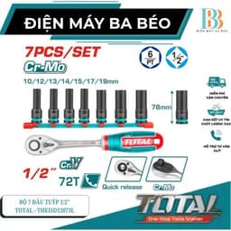Bộ 7 đầu tuýp 1/2'' Total THKISD12073L THKISD12073 , Chất liệu Cr-Mo kèm cần siết 1/2'' THT106126 1