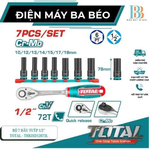Bộ 7 đầu tuýp 1/2'' Total THKISD12073L THKISD12073 , Chất liệu Cr-Mo kèm cần siết 1/2'' THT106126