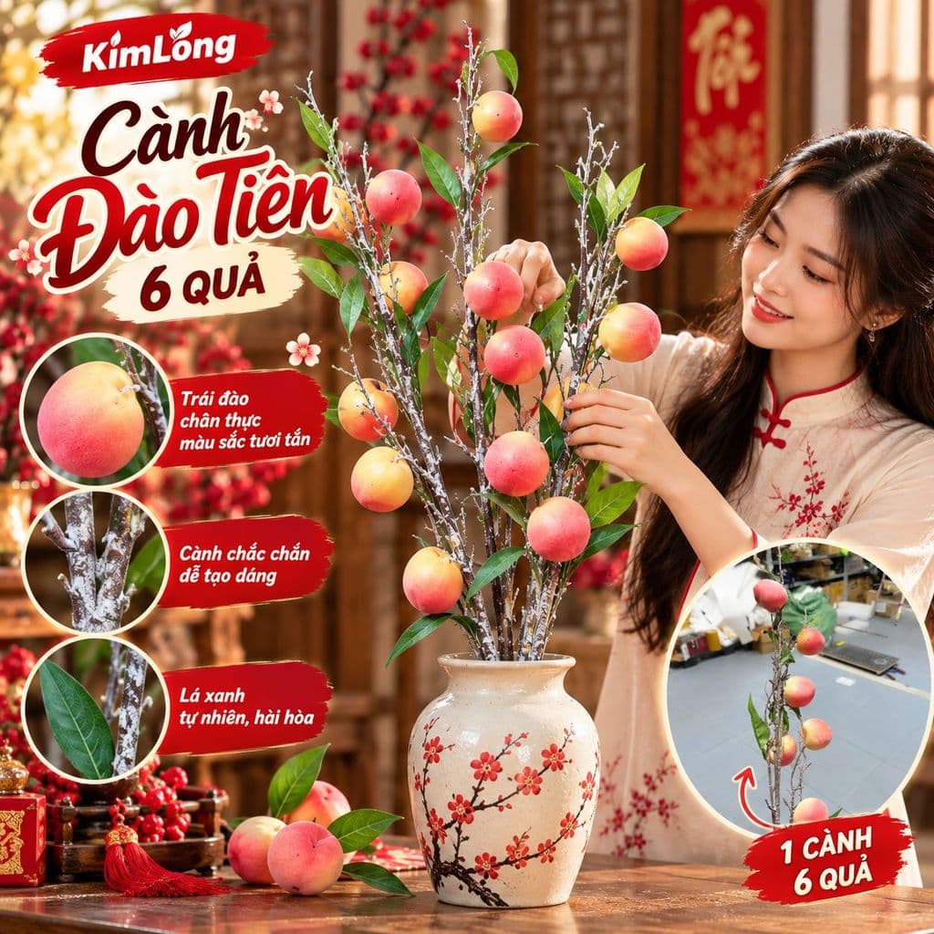 Cành Đào Nhân Tạo 6 Quả - Trang Trí Tết Đẹp, Decor Nhà Cửa Xuân Khởi Sắc 2027
