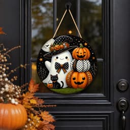 LINSBAYWU Trang trí cửa Halloween, Trang trí tường phẳng 2D bằng gỗ, Nghệ thuật treo tường Ma bí ngô mèo phù thủy hình tròn treo trang trí tiệc Halloween 9