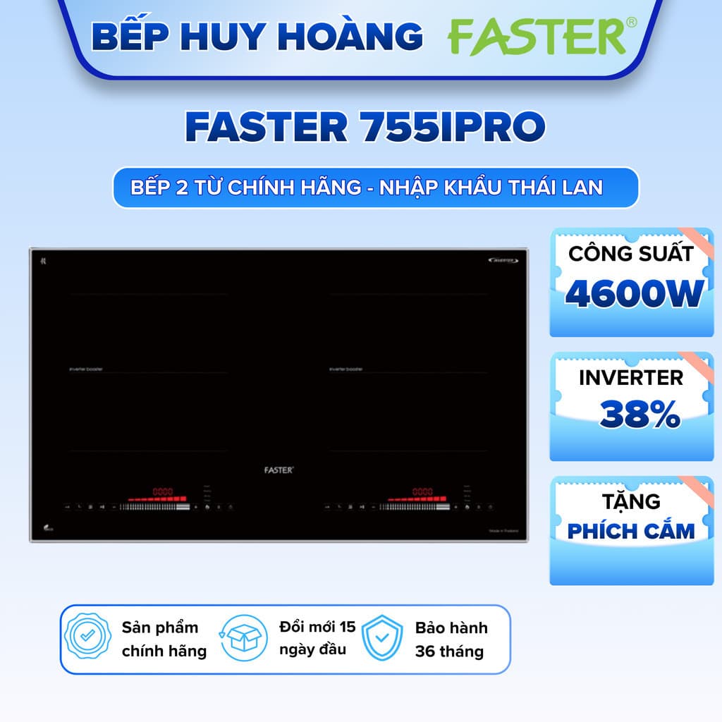 Bếp từ đôi FASTER 755IPRO | Nhập khẩu Thái Lan | Biến tần Inverter sôi liu riu | Chế độ ECO tiết kiệm | Bảo hành 3 năm