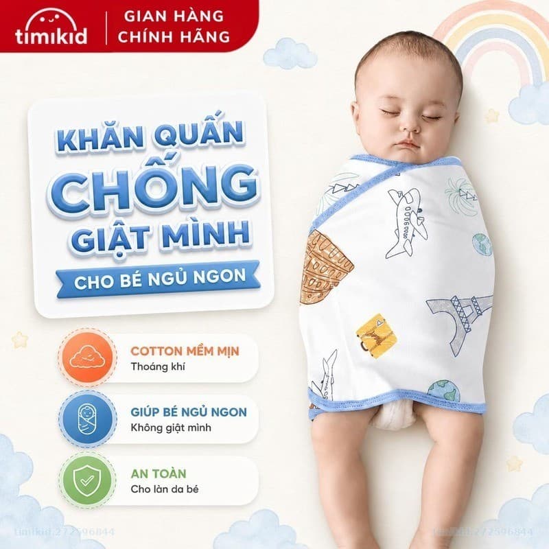 Khăn Quấn Bé Sơ Sinh Chống Giật Mình, Vải Cotton Thân Thiện Mềm Mại, Nhiều Hoạ Tiết, KT 35x80cm