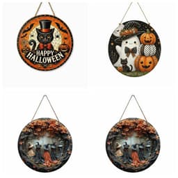 LINSBAYWU Trang trí cửa Halloween, Trang trí tường phẳng 2D bằng gỗ, Nghệ thuật treo tường Ma bí ngô mèo phù thủy hình tròn treo trang trí tiệc Halloween 3