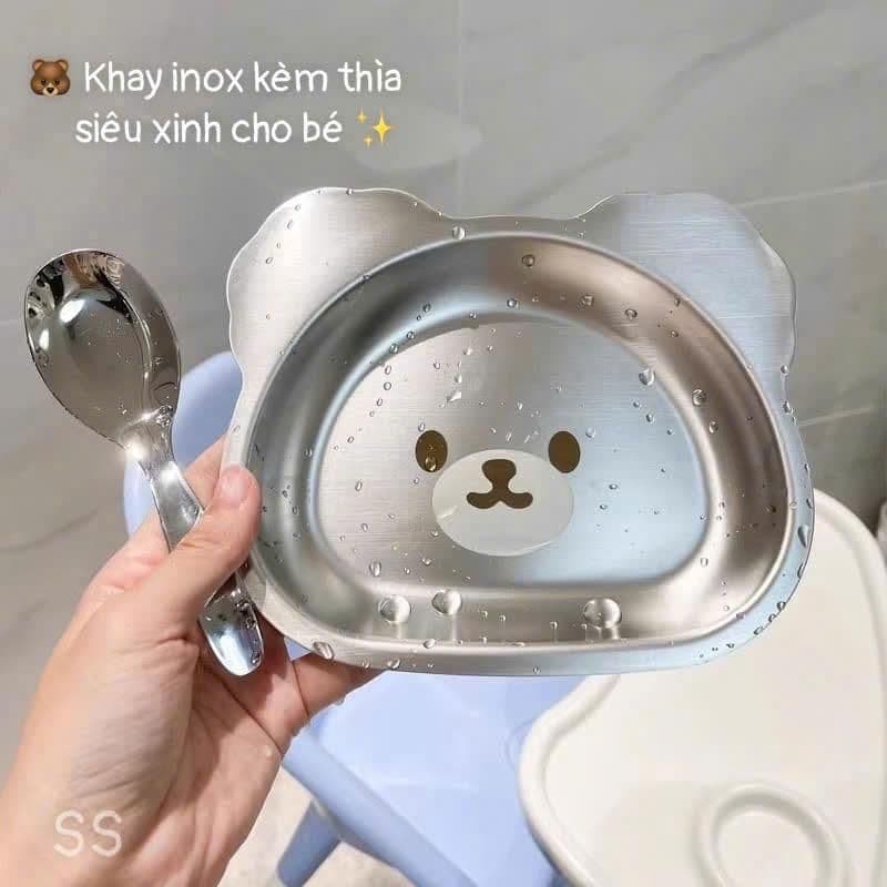 Khay Inox Cho Bé Ăn Dặm Kèm Thìa Inox 316, Bộ Khay Ăn Cho Bé Hình Hoạt Hình Ngộ Nghĩnh Tặng Kèm Thìa VOICON-[SS67]