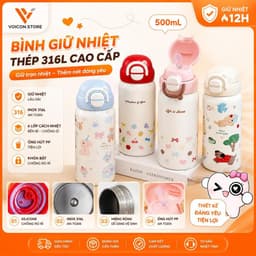 Bình giữ nhiệt hoạt hình dạng nắp bấm tròn giữ nhiệt tốt nhờ ruột inox 304 cao cấp thiết kế cute - pastel VOICON-[CU22] 1
