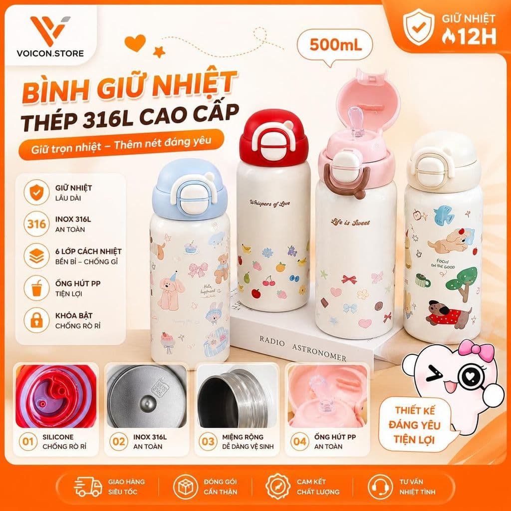Bình giữ nhiệt hoạt hình dạng nắp bấm tròn giữ nhiệt tốt nhờ ruột inox 304 cao cấp thiết kế cute - pastel VOICON-[CU22]