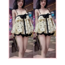 Set Bộ Nữ Gồm Áo Hai Dây Dáng Babydoll Họa Tiết Chấm Bi Phối Nơ Đen Mix Quần Short Dáng Bí Phồng Bồng Bềnh - Usmark 2