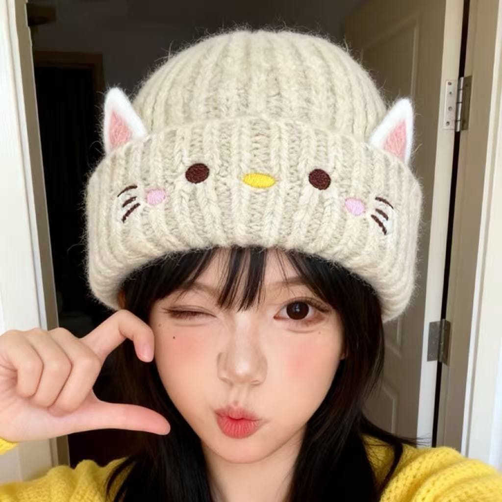 Mũ dệt kim nữ phong cách mới với họa tiết mèo hoạt hình dễ thương, ấm áp chống lạnh mùa thu đông, thời trang dễ dàng phù hợp, thoải mái thông thường, có bịt tai chống gió.