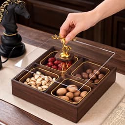Khay đựng bánh kẹo nhiều ngăn đa năng, gỗ Melamine màu Óc Chó Hộp Đựng Mứt Tết Bánh Kẹo 6 Ngăn Kèm 6 Hũ Nhựa Viền Vàng 8