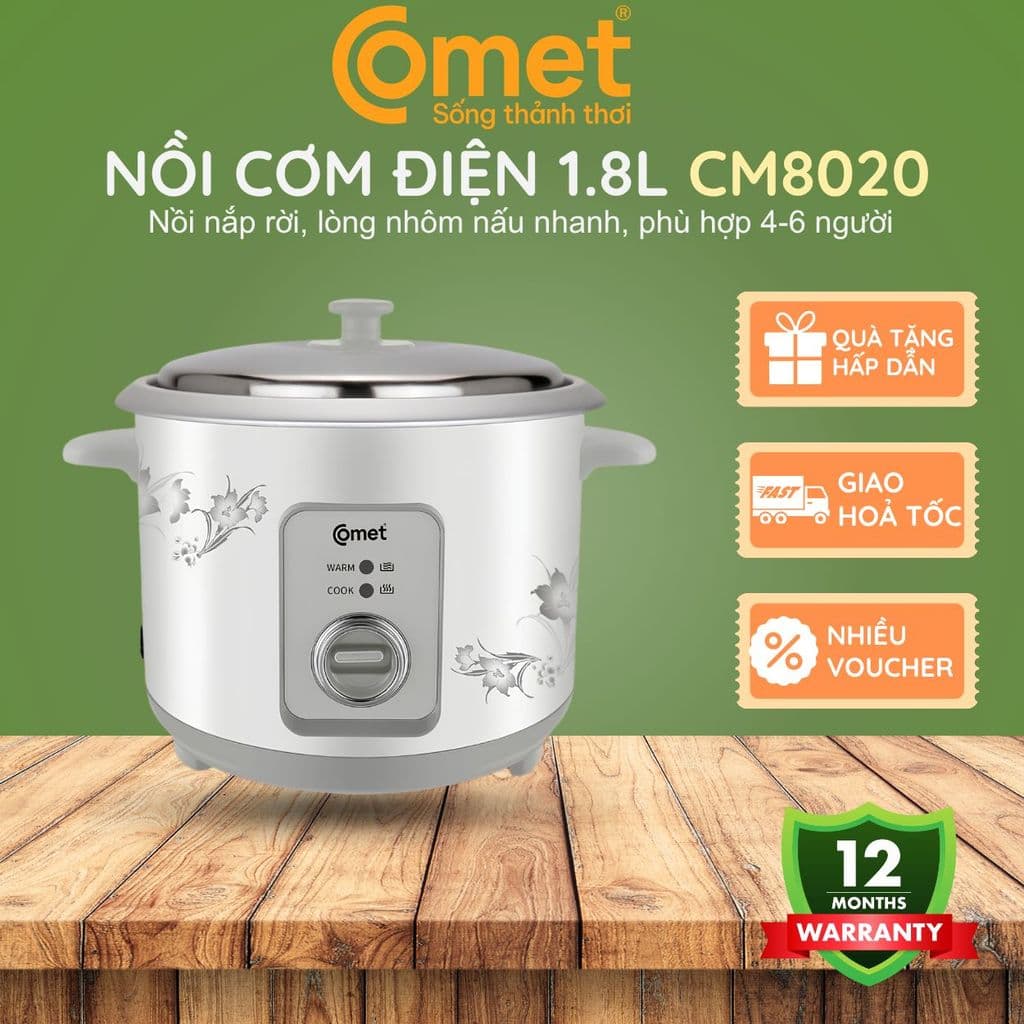 Nồi cơm điện nắp rời COMET- CM8020, 1.8L, 700W, lòng nhôm, nấu nhanh cho 4-6 người ăn