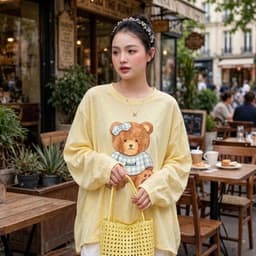 Áo thun cổ tròn tay dài form rộng chất thun giấy xước mỏng mât in gấu cài nơ  TG BEGAU 7 8