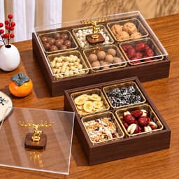 Khay Bánh Kẹo Mứt Tết 2027 Sang Trọng 4 Ngăn 6 Ngăn, Hộp Gỗ Melamine Màu Óc Chó Kèm Hũ Nhựa Viền Vàng Cao Cấp 4