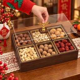 Khay Bánh Kẹo Mứt Tết 2027 Sang Trọng 4 Ngăn 6 Ngăn, Hộp Gỗ Melamine Màu Óc Chó Kèm Hũ Nhựa Viền Vàng Cao Cấp 2