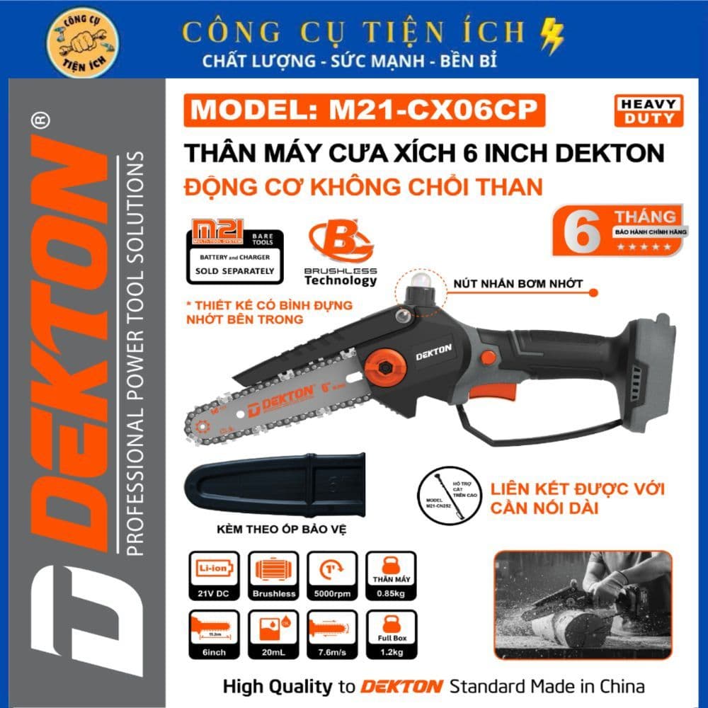 Thân Máy Cưa Xích 6 Inch DEKTON M21-CX06CP / XÁM - XANH LÁ - MOTOR BRUSHLESS, Chân Pin M21