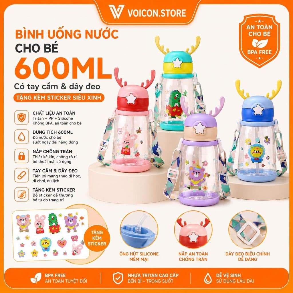 VOICON Bình Uống Nước Cho Bé 600ml Có Ống Hút Nhựa Tritan An Toàn BPA Free Màu Green Pink Purple VOICON LA88