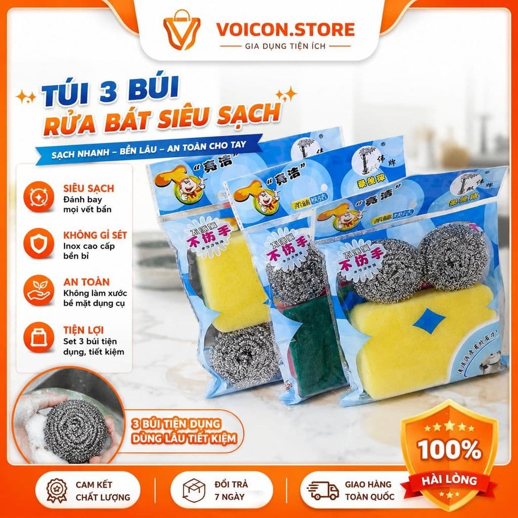 Túi 3 Búi Rửa Bát Siêu Sạch Bùi Nhùi Cọ Xoong Nồi Bọt Biển Chống Cháy Khét Búi Cọ Đa Năng Chuyên Dụng Inox VOICON- TTA11