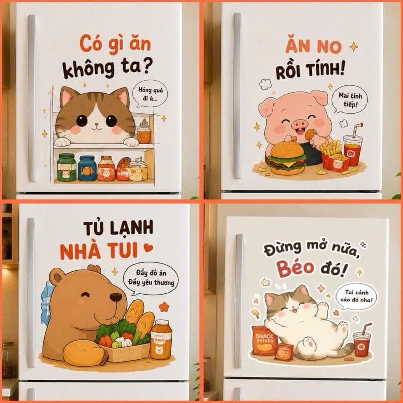 [Hỏa Tốc] Decal Dán Tủ Lạnh Hoạt Hình "Dễ Thương, Vui Nhộn" Chống Thấm Nước, Bền Đẹp