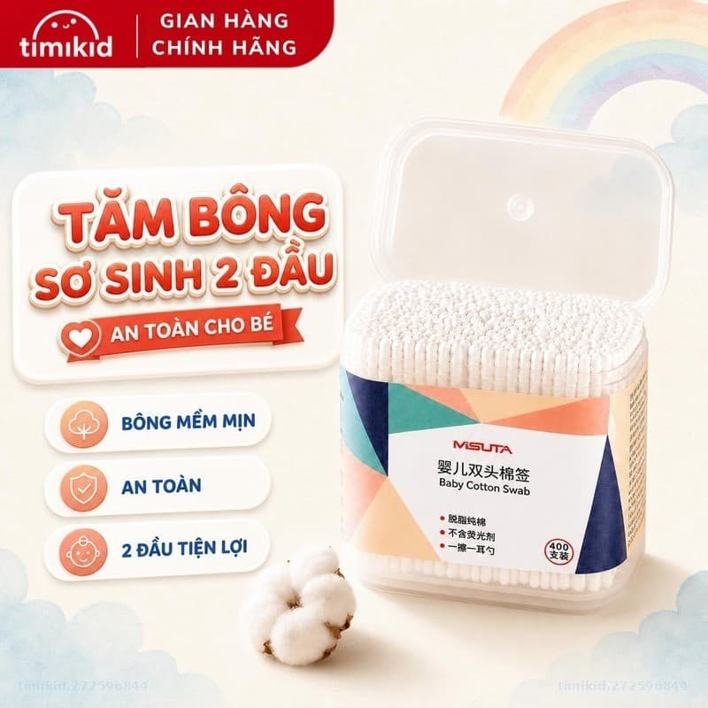 Tăm Bông Cho Bé Sơ Sinh MISUTA, Hộp 400 Que Bông Tự Nhiên An Toàn - Timikid