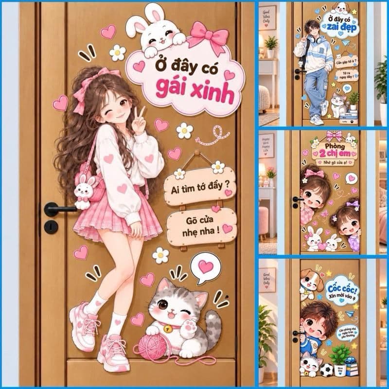 Decal, sticker dán cửa hình chibi dễ thương. Decal dán cửa.