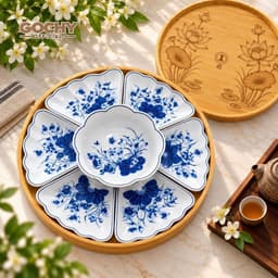 Bộ bát đĩa hoa mặt trời thương hiệu gochy, men trắng vẽ hoa sen - Gốm sứ Bát Tràng cao cấp 2