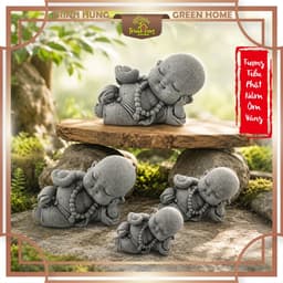 Tượng tiểu phật nằm ôm vàng đá sa thạch - Tượng deco, trang trí tiểu cảnh, bán cạn, terrarium 2