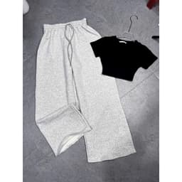 ( bé gái 32-48kg )  Sét Bộ bé gái quần dài da cá xám tiêu+ phối áo croptop tăm lạnh hallower-thuba98 1