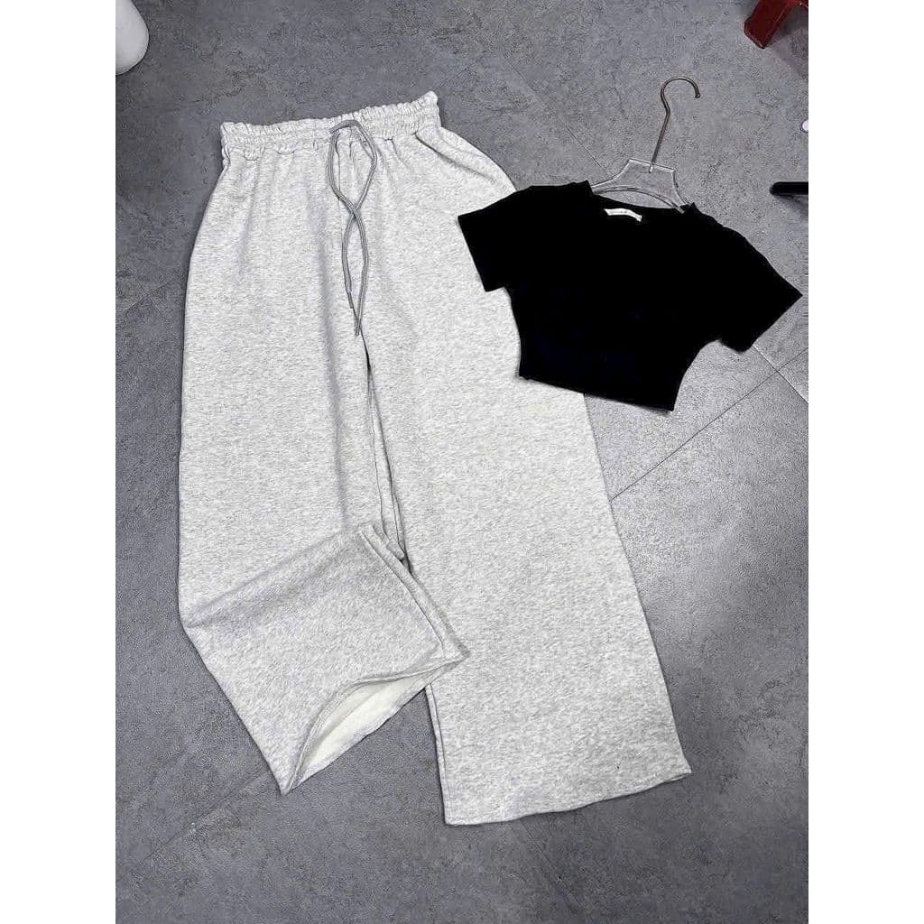 ( bé gái 32-48kg )  Sét Bộ bé gái quần dài da cá xám tiêu+ phối áo croptop tăm lạnh hallower-thuba98