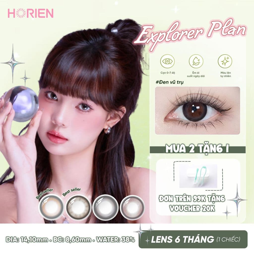 Kính Áp Tròng Màu HORIEN Explorer Plan 6 Tháng 1 Chiếc – Lens Cận 0–7 Độ, DIA 14.1–14.4mm, Màu Tự Nhiên, Ẩm Mượt Dễ Chịu