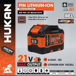 1 Pin 20 Cell Hukan G1-BEL6020-P6 21V 6Ah - Mạch 4 Mofet - Chân Pin M21 Tích Hợp 2 Đèn LED - Cổng Sạc USB, TYPE C 9