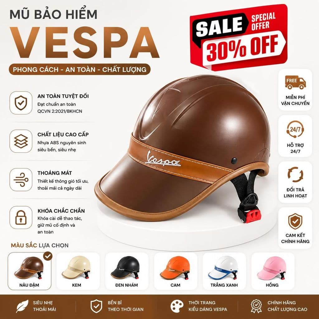 [ĐẠT CHUẨN AN TOÀN] Mũ Bảo Hiểm Lưỡi Trai Nam Nữ Vespa Khoét Lỗ Có Chừa Đuôi Tóc Thời Trang size 52-58cm