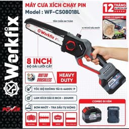 Cưa xích dùng pin WORKFIX WF-CS0801BL, Tốc độ khủng 46000v/p, Không chổi than, Tra nhớt tự động, Hỏa tốc 1